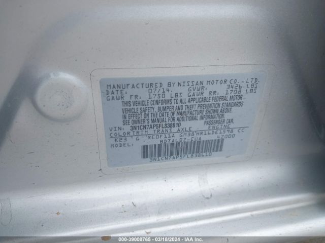 3N1CN7AP5FL838610 Nissan Versa 1.6 S/1.6 S+/1.6 Sl/1.6 Sv