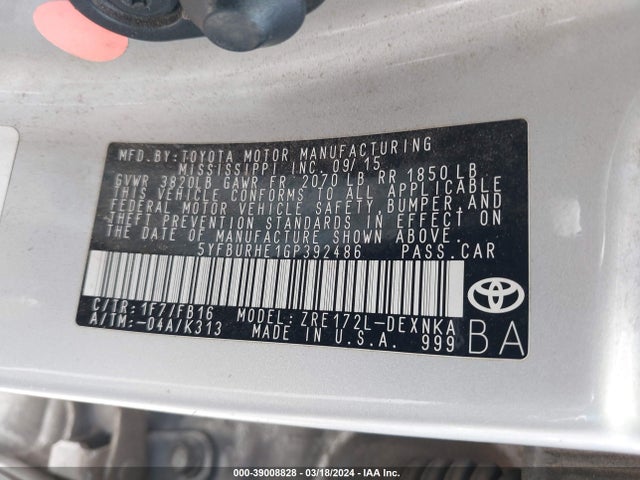 Toyota COROLLA LE 2016 5YFBURHE1GP392486 Image 9