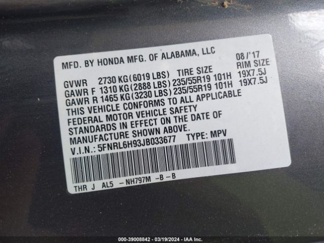 5FNRL6H93JB033677 Honda Odyssey Elite