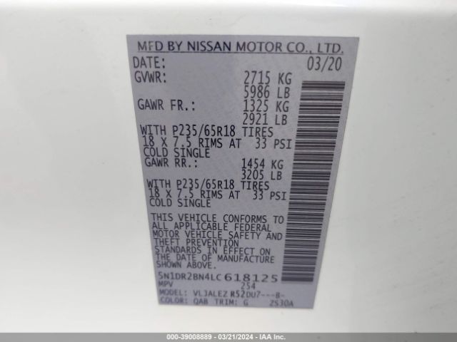 5N1DR2BN4LC618125 Nissan Pathfinder Sv 2wd