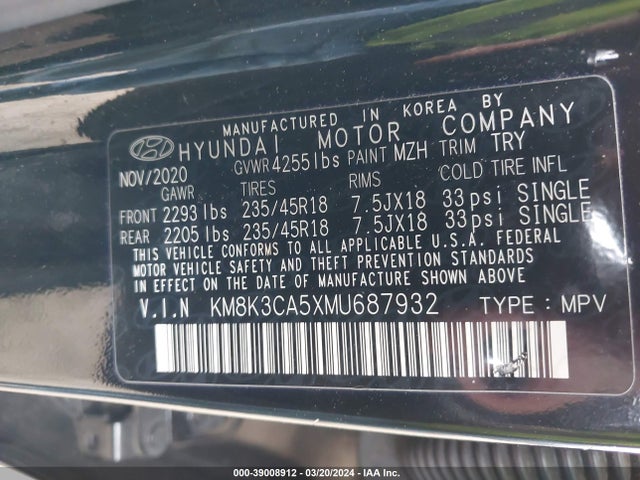 Hyundai Kona Limited 2021 KM8K3CA5XMU687932 Image 9