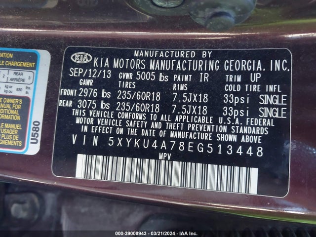 KIA Sorento Ex V6 2014 5XYKU4A78EG513448 Image 9