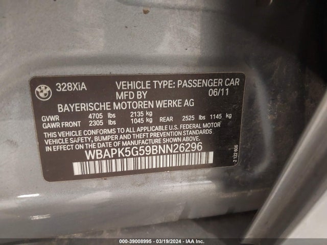 Aukcja sprzedaży 2011 Bmw 328i Xdrive, vin: WBAPK5G59BNN26296, numer aukcji: 39008995