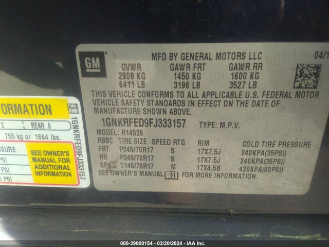 Chevrolet Traverse Ls 2015 1GNKRFED9FJ333157 Image 9