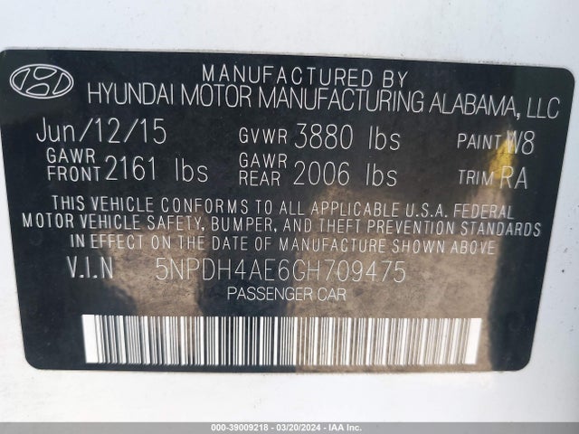 Hyundai ELANTRA SE 2016 5NPDH4AE6GH709475 Image 9