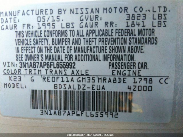 3N1AB7AP6FL655992 Nissan Sentra Fe+ S/s/sl/sr/sv