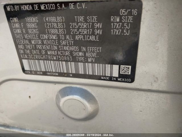 3CZRU6H78GM750893 Honda Hr-v Ex-l