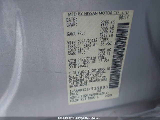Nissan TITAN SV 2014 1N6AA0EC1EN519683 Image 9