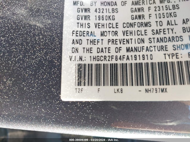 Honda Accord Ex-l 2015 1HGCR2F84FA191910 Image 9