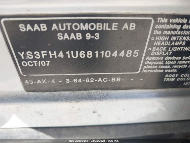 2008 SAAB 9-3 YS3FH41U681104485 Photo 8