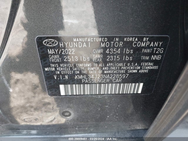 Hyundai Sonata Limited 2022 KMHL34J23NA228597 Image 9