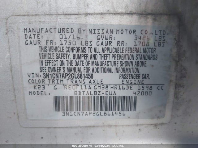 Nissan Versa 1.6 Sv 2016 3N1CN7AP2GL861456 Image 9