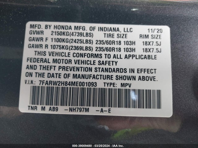 Honda Cr-v Awd Ex-l 2021 7FARW2H84ME001093 Image 9