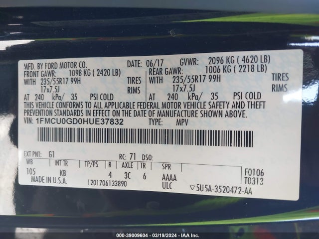 Ford ESCAPE SE 2017 1FMCU0GD0HUE37832 Image 9