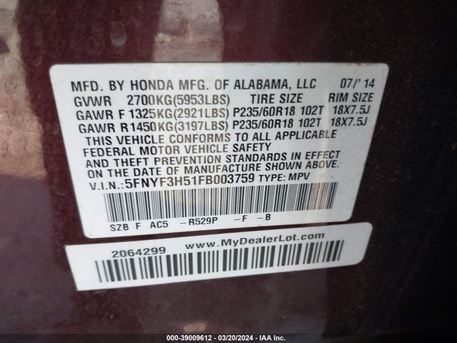 Honda Pilot Ex-l 2015 5FNYF3H51FB003759 Image 9
