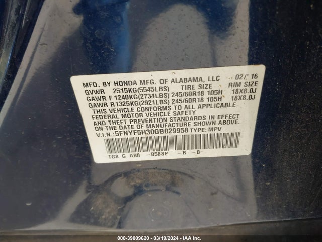 Honda Pilot Ex 2016 5FNYF5H30GB029958 Image 9