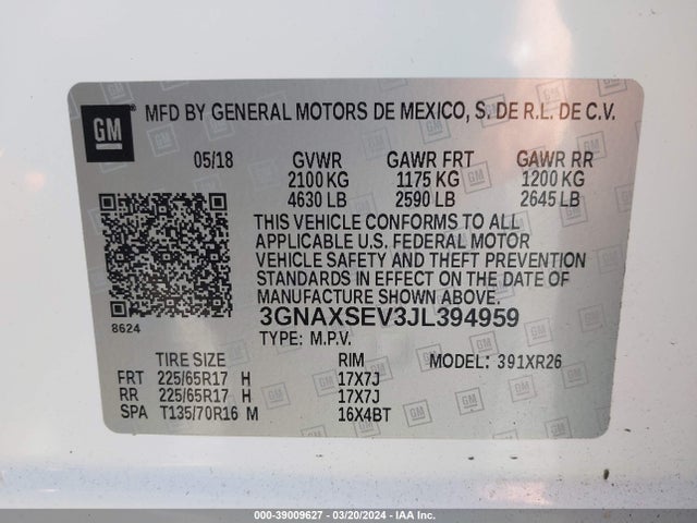 Chevrolet EQUINOX LT 2018 3GNAXSEV3JL394959 Image 9