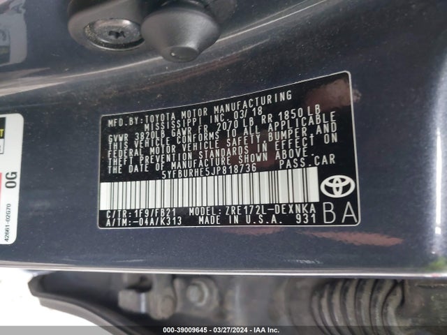 Toyota COROLLA LE 2018 5YFBURHE5JP818736 Image 9