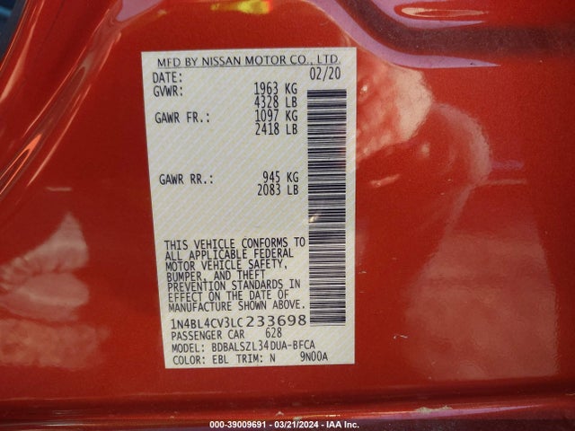 Nissan Altima Sr Fwd 2020 1N4BL4CV3LC233698 Image 9