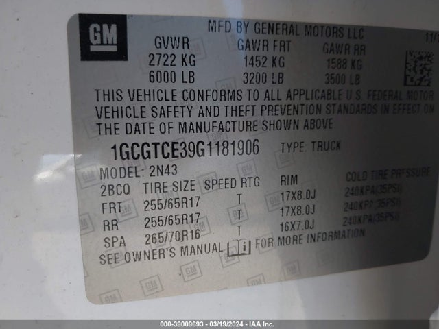 Chevrolet Colorado Lt 2016 1GCGTCE39G1181906 Image 9