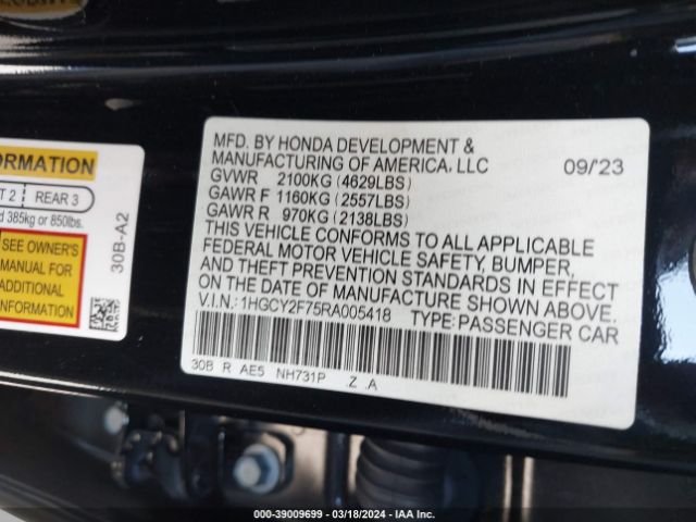 1HGCY2F75RA005418 Honda Accord Hybrid Sport-l