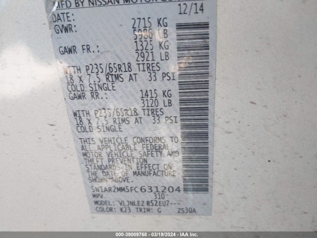 Nissan Pathfinder Platinum/s/sl/sv 2015 5N1AR2MM5FC631204 Image 9