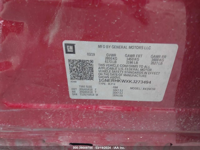 Chevrolet Traverse 3lt 2019 1GNERHKWXKJ273494 Image 9