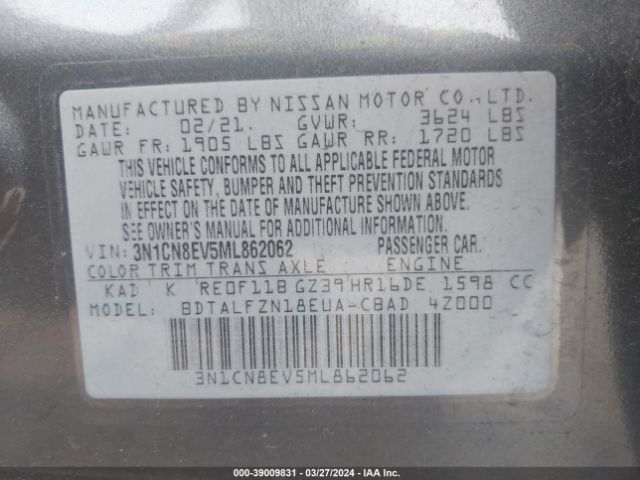 3N1CN8EV5ML862062 Nissan Versa Sv Xtronic Cvt