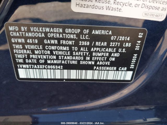 1VWBT7A3XFC005342 Volkswagen Passat 1.8t Se