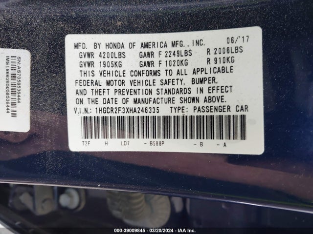 Honda ACCORD LX 2017 1HGCR2F3XHA246335 Image 9