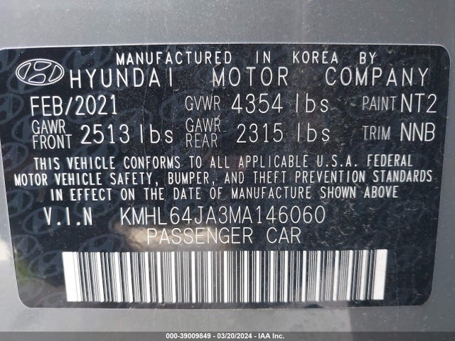 Hyundai SONATA SEL 2021 KMHL64JA3MA146060 Image 9