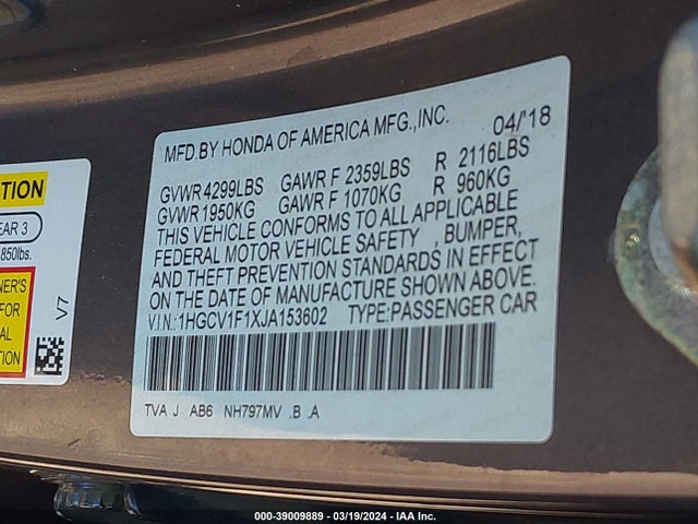 Honda ACCORD LX 2018 1HGCV1F1XJA153602 Image 9