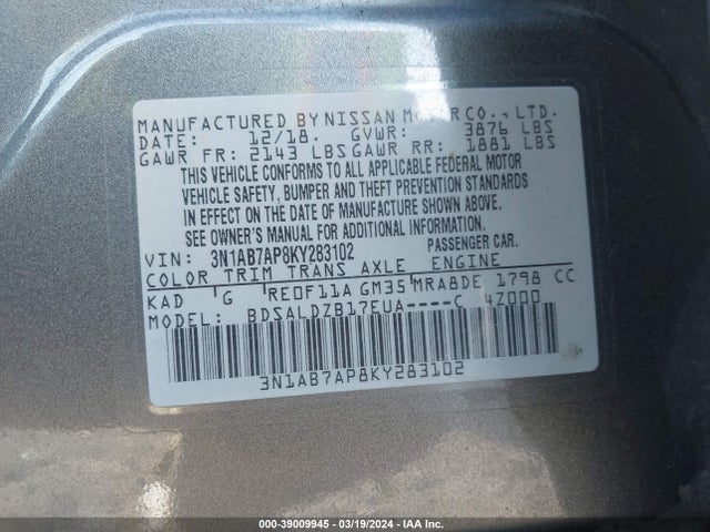 Nissan SENTRA SV 2019 3N1AB7AP8KY283102 Image 9