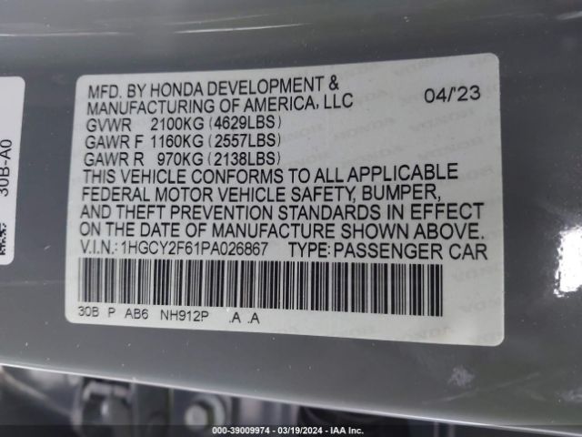 1HGCY2F61PA026867 Honda Accord Hybrid Ex-l