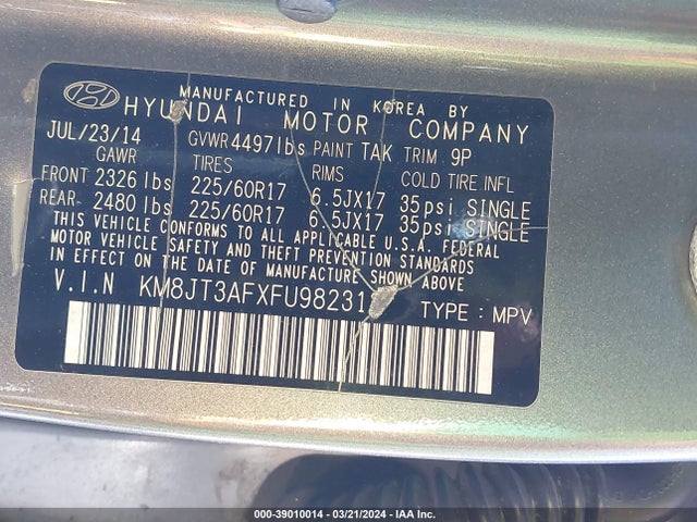 Hyundai TUCSON GLS 2015 KM8JT3AFXFU982312 Image 9