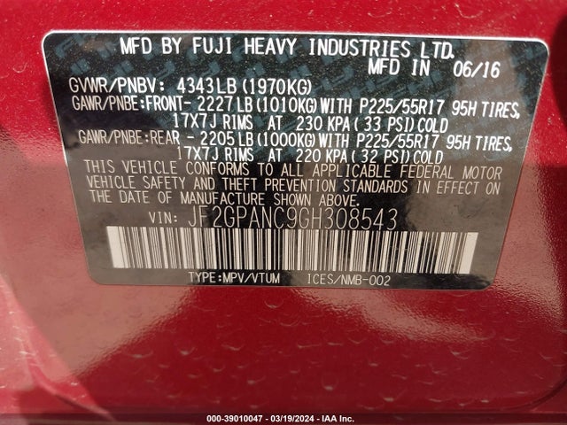 Subaru Crosstrek 2.0i Limited 2016 JF2GPANC9GH308543 Image 9