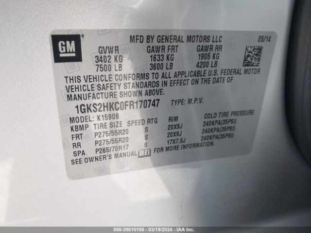 1GKS2HKC0FR170747 GMC Yukon Xl 1500 Slt