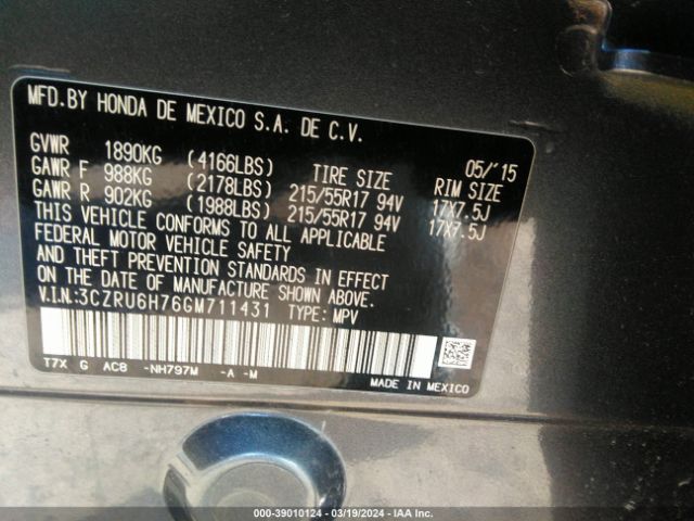 3CZRU6H76GM711431 Honda Hr-v Ex-l