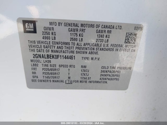 Chevrolet EQUINOX 1LT 2015 2GNALBEK0F1144461 Image 9