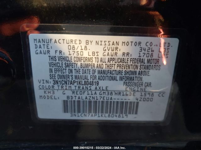 3N1CN7AP1KL804819 Nissan Versa 1.6 S+