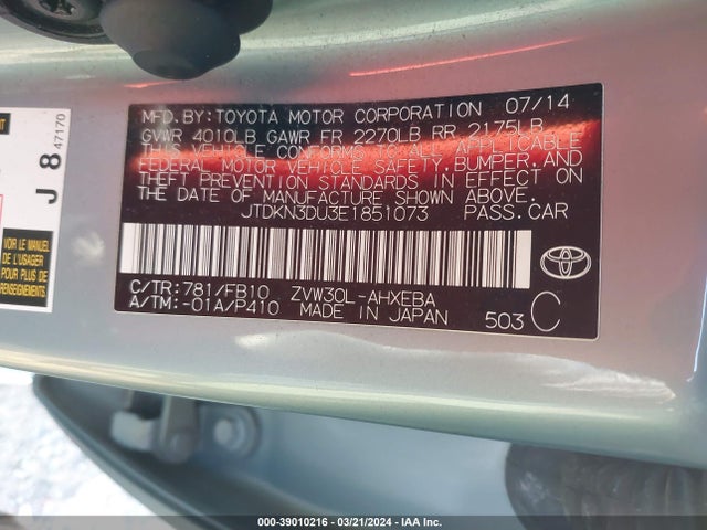 Toyota Prius Two 2014 JTDKN3DU3E1851073 Image 9