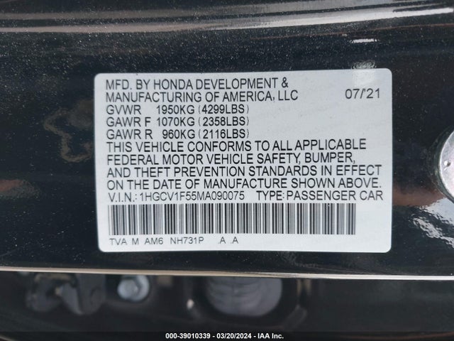 Honda Accord Ex-l 2021 1HGCV1F55MA090075 Image 9