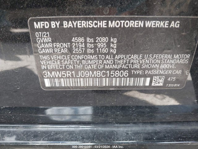 2021 Bmw 330i მანქანა იყიდება აუქციონზე, vin: 3MW5R1J09M8C15806, აუქციონის ნომერი: 39010351
