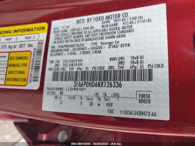 Ford FUSION SE 2019 3FA6P0HD6KR126336 Image 9