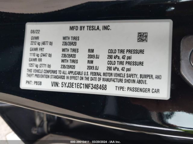 5YJ3E1EC1NF348468 Tesla Model 3 Performance Dual Motor All-wheel Drive