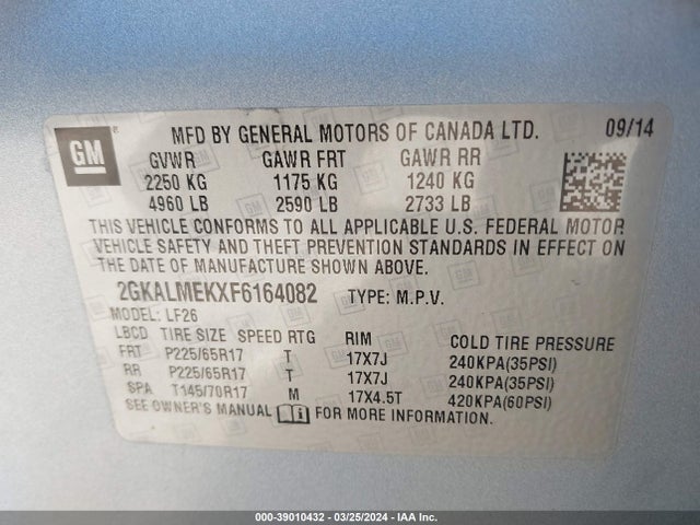 GMC Terrain Sle-1 2015 2GKALMEKXF6164082 Image 9