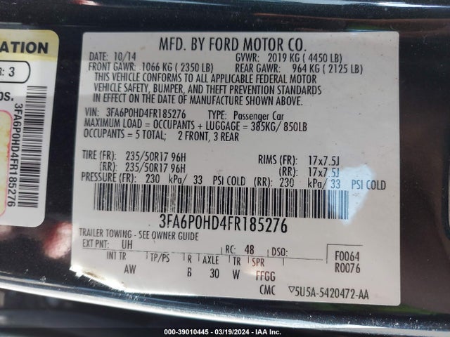 Ford FUSION SE 2015 3FA6P0HD4FR185276 Image 9