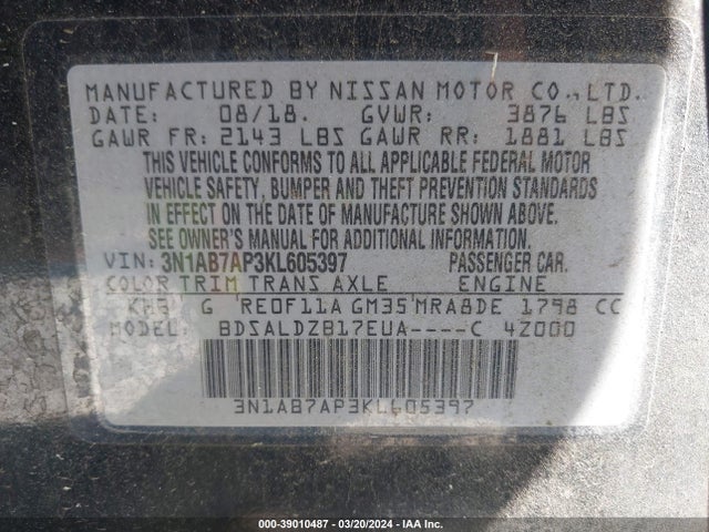 Nissan SENTRA SV 2019 3N1AB7AP3KL605397 Image 9