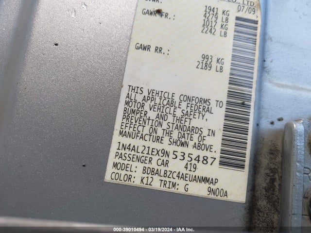 Aukcja sprzedaży 2009 Nissan Altima 2.5 S, vin: 1N4AL21EX9N535487, numer aukcji: 39010494