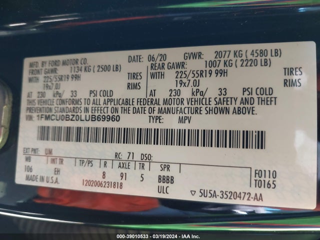 1FMCU0BZ0LUB69960 Ford Escape Se Sport Hybrid